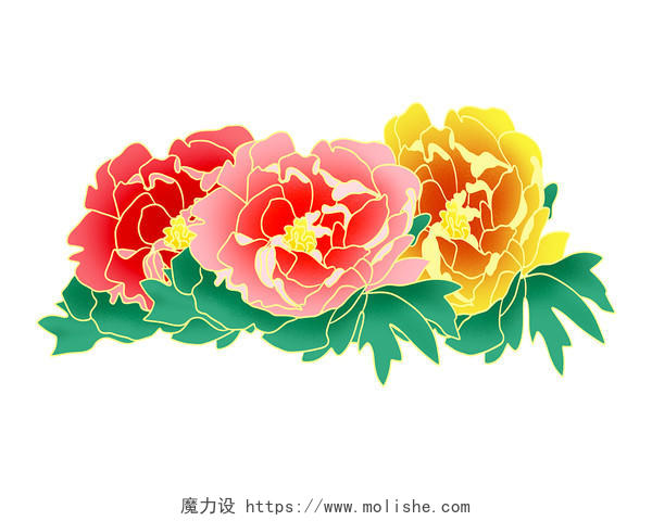 彩色手绘卡通国潮中国风牡丹花花朵国潮元素PNG素材